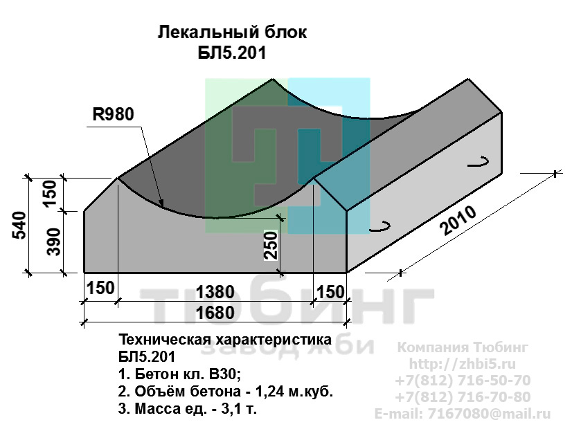Компания Тюбинг выпускает сборные железобетонные лекальные блоки БЛ5.201 по шифру 1484, предназначенные для применения под насыпями железных и автомобильных дорог в умеренных и суровых климатических условиях в районах с расчетной сейсмичностью до 9 баллов. Конструкция блоков одинаковая для труб под железную и автомобильную дороги. Материал блоков - конструкционный тяжелый бетон по ГОСТ26633-91 В20. Марка по водонепроницаемости не ниже W6, по морозостойкости не ниже F300. В качестве рабочей арматуры используется арматура периодического профиля из низколигированной стали класса А-III марка 25Г2С по ГОСТ5781-82. В качестве конструктивной используется арматура из углеродистой горячекатаной стали А-I марки Ст3сп по ГОСТ5781-82. Для монтажных петель используется арматурная сталь класса А-I марки Ст3сп по ГОСТ5781-82. Все блоки имеют марку. Марка блока состоит из одной или двух буквенно-цифровых групп, разделенных дефисом. Первая группа содержит наименование блок, его типоразмер и основную геометрическую характеристику в см; вторая группа обозначение применения: климатические условия - суровые (F), повышенная агресивность среды (О). Минимальная прочность бетона блоков труб ко времени выдачи конструкций на склад не менее 70%. Отпускная прочность бетона - 100%. Цены на лекальные блоки БЛ5.201 указаны с учетом НДС, без учета доставки. Стоимость лекальных блоков БЛ5.201 может меняться в зависимости от объема и общей ситуации на строительном рынке. Представленные на сайте цены на ЖБИ не являются публичной офертой.