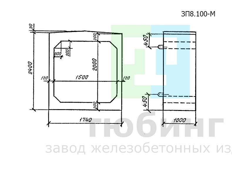 Звено ЗП8.100-М прямоугольных труб для особо суровых климатических условий по серии 3.501.1-177.93, вып.1-2