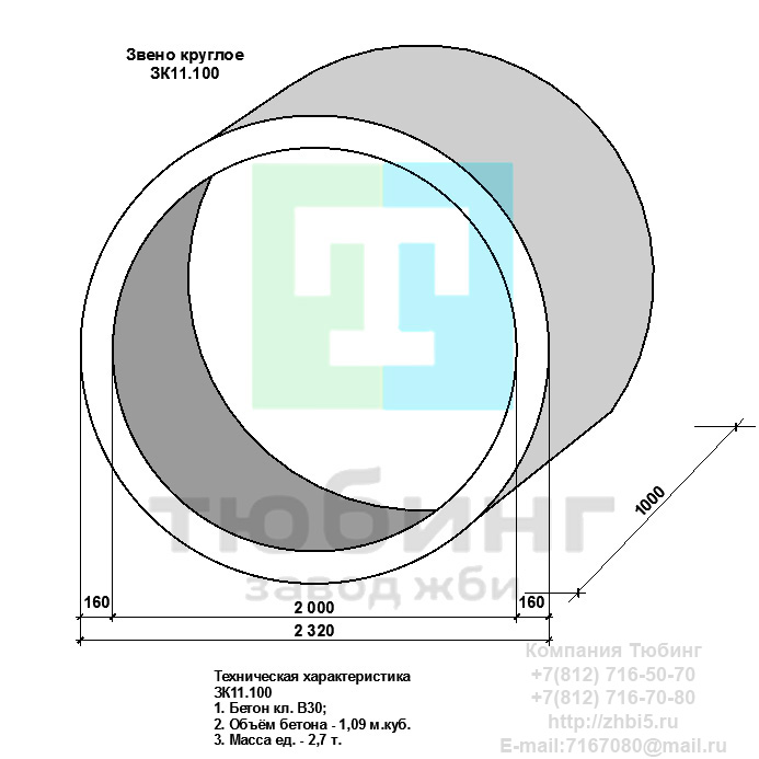 Компания Тюбинг выпускает сборные железобетонные круглые звенья ЗК11.100 по шифру 1484, предназначенные для применения под насыпями железных и автомобильных дорог в умеренных и суровых климатических условиях в районах с расчетной сейсмичностью до 9 баллов. Конструкция блоков одинаковая для труб под железную и автомобильную дороги. Материал блоков - конструкционный тяжелый бетон по ГОСТ26633-91 В20. Марка по водонепроницаемости не ниже W6, по морозостойкости не ниже F300. В качестве рабочей арматуры используется арматура периодического профиля из низколигированной стали класса А-III марка 25Г2С по ГОСТ5781-82. В качестве конструктивной используется арматура из углеродистой горячекатаной стали А-I марки Ст3сп по ГОСТ5781-82. Для монтажных петель используется арматурная сталь класса А-I марки Ст3сп по ГОСТ5781-82. Все блоки имеют марку. Марка блока состоит из одной или двух буквенно-цифровых групп, разделенных дефисом. Первая группа содержит наименование блок, его типоразмер и основную геометрическую характеристику в см; вторая группа обозначение применения: климатические условия - суровые (F), повышенная агрессивность среды (О). Минимальная прочность бетона блоков труб ко времени выдачи конструкций на склад не менее 70%. Отпускная прочность бетона - 100%. Цены на круглые звенья ЗК11.100 указаны с учетом НДС, без учета доставки. Стоимость круглых звеньев ЗК11.100 может меняться в зависимости от объема и общей ситуации на строительном рынке. Представленные на сайте цены на ЖБИ не являются публичной офертой.