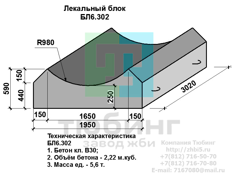  Компания Тюбинг выпускает сборные железобетонные лекальные блоки БЛ6.302 по шифру 1484, предназначенные для применения под насыпями железных и автомобильных дорог в умеренных и суровых климатических условиях в районах с расчетной сейсмичностью до 9 баллов. Конструкция блоков одинаковая для труб под железную и автомобильную дороги. Материал блоков - конструкционный тяжелый бетон по ГОСТ26633-91 В20. Марка по водонепроницаемости не ниже W6, по морозостойкости не ниже F300. В качестве рабочей арматуры используется арматура периодического профиля из низколигированной стали класса А-III марка 25Г2С по ГОСТ5781-82. В качестве конструктивной используется арматура из углеродистой горячекатаной стали А-I марки Ст3сп по ГОСТ5781-82. Для монтажных петель используется арматурная сталь класса А-I марки Ст3сп по ГОСТ5781-82. Все блоки имеют марку. Марка блока состоит из одной или двух буквенно-цифровых групп, разделенных дефисом. Первая группа содержит наименование блок, его типоразмер и основную геометрическую характеристику в см; вторая группа обозначение применения: климатические условия - суровые (F), повышенная агресивность среды (О). Минимальная прочность бетона блоков труб ко времени выдачи конструкций на склад не менее 70%. Отпускная прочность бетона - 100%. Цены на лекальные блоки БЛ6.302 указаны с учетом НДС, без учета доставки. Стоимость лекальных блоков БЛ6.302 может меняться в зависимости от объема и общей ситуации на строительном рынке. Представленные на сайте цены на ЖБИ не являются публичной офертой.